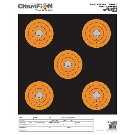 Champion Targets 45555 Shotkeeper 5" Bullseye Paper Target Pistol/Rifle Large Black/Orange 12 Pack