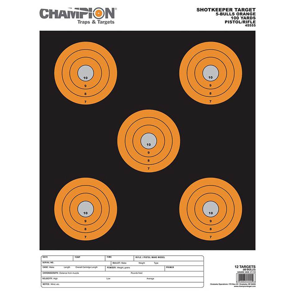 Champion Targets 45555 Shotkeeper 5" Bullseye Paper Target Pistol/Rifle Large Black/Orange 12 Pack