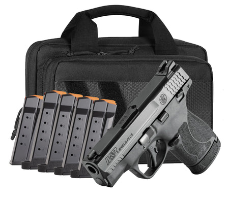Smith & Wesson 14750 M&P Shield Plus Bundle Micro-Compact 9mm Luger 13+1, 3.10" Black Armornite Stainless Steel Barrel & Serrated Slide, Matte Black Polymer Frame, Thumb Safety, 6 Mags & Bag