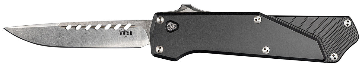 Southern Grind Arachnid 3.20" OTF Drop Point Satin PVD S35VN Blade, Black Aluminum Handle with Blood Groove