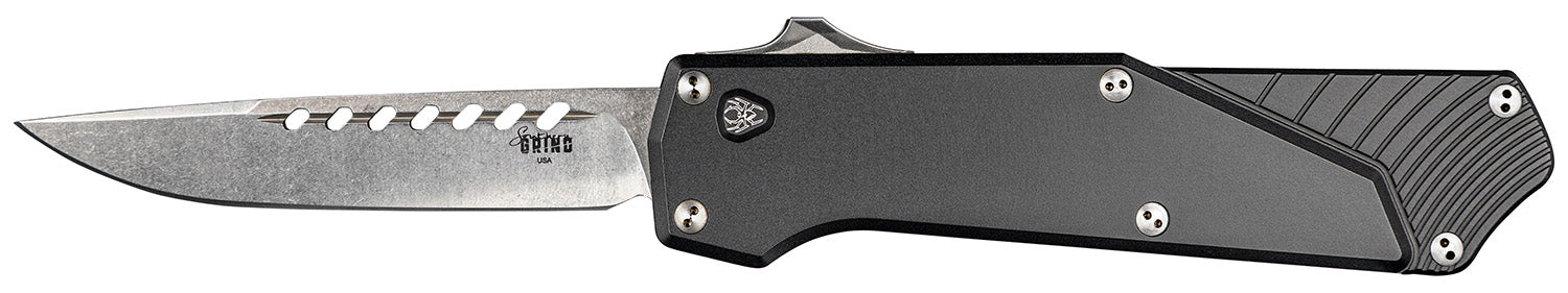 Southern Grind Arachnid 3.20" OTF Drop Point Satin PVD S35VN Blade, Black Aluminum Handle with Blood Groove
