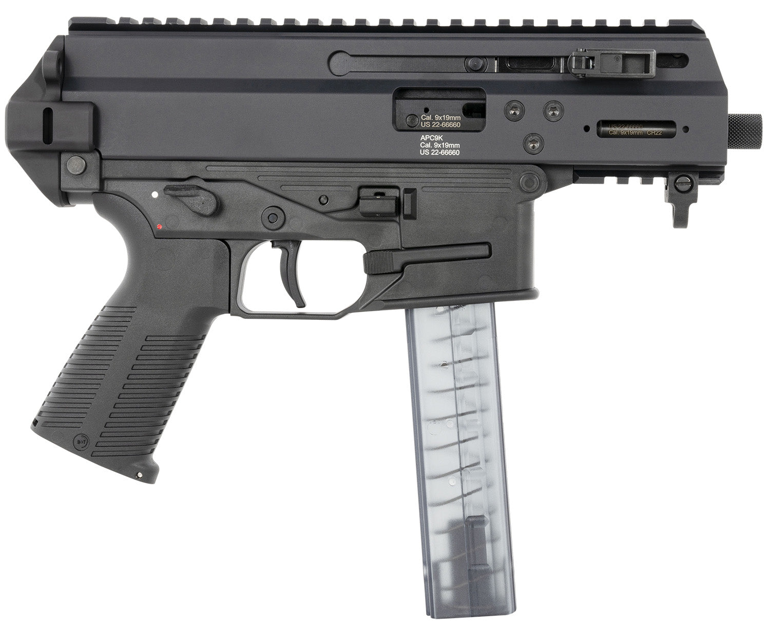 B&T Firearms BT-36176502 APC 9K 9mm Luger 30+1 4.30" Black Steel Barrel, Black Picatinny Rail Receiver, Brace Adapter, Black Polymer Grips, Ambidextrous