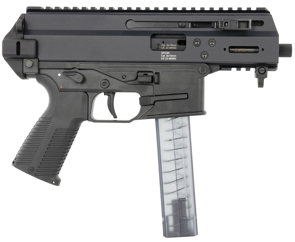 B&T Firearms BT-36176502 APC 9K 9mm Luger 30+1 4.30" Black Steel Barrel, Black Picatinny Rail Receiver, Brace Adapter, Black Polymer Grips, Ambidextrous