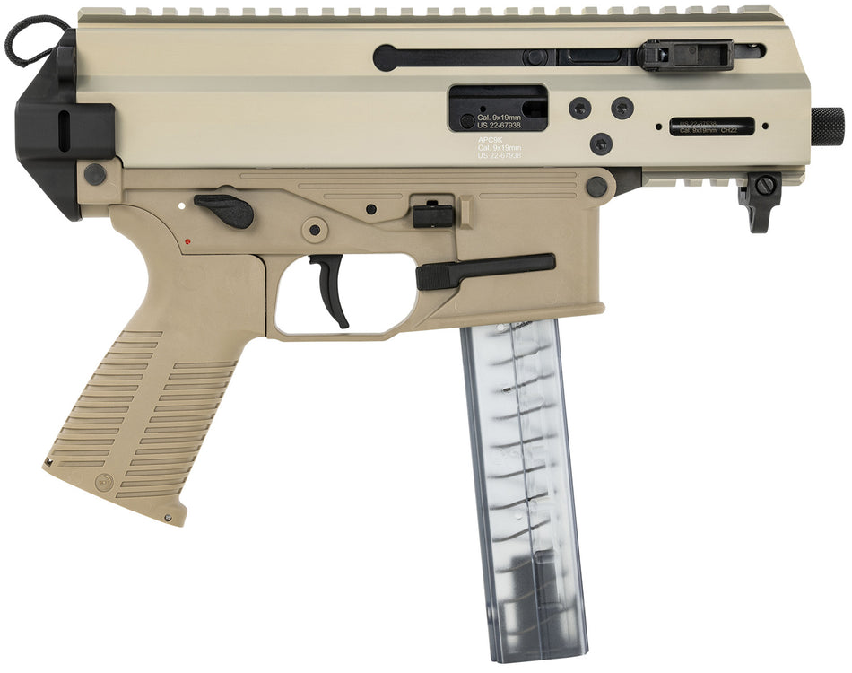 B&T Firearms 36176502CT APC 9K 9mm Luger 30+1 4.30" Black Threaded Barrel, Coyote Tan Aluminum/Polymer Frame, Picatinny Rail, Brace Adapter, Coyote Polymer Grip, Ambidextrous