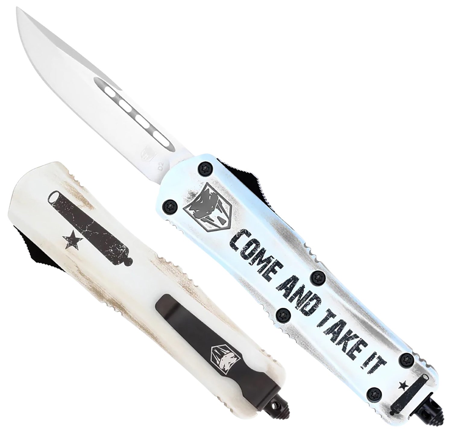 CobraTec FS-3 Come And Take It Small OTF Drop Point Knife 3" D2 Steel Blade White Cerakoted Aluminum Handle