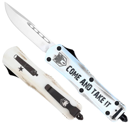 CobraTec FS-3 Come And Take It Small OTF Drop Point Knife 3" D2 Steel Blade White Cerakoted Aluminum Handle