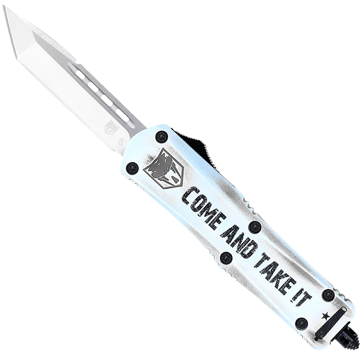 CobraTec FS-3 Come And Take It Small OTF Tanto Knife 3" Satin D2 Steel Blade White Cerakoted Aluminum Handle