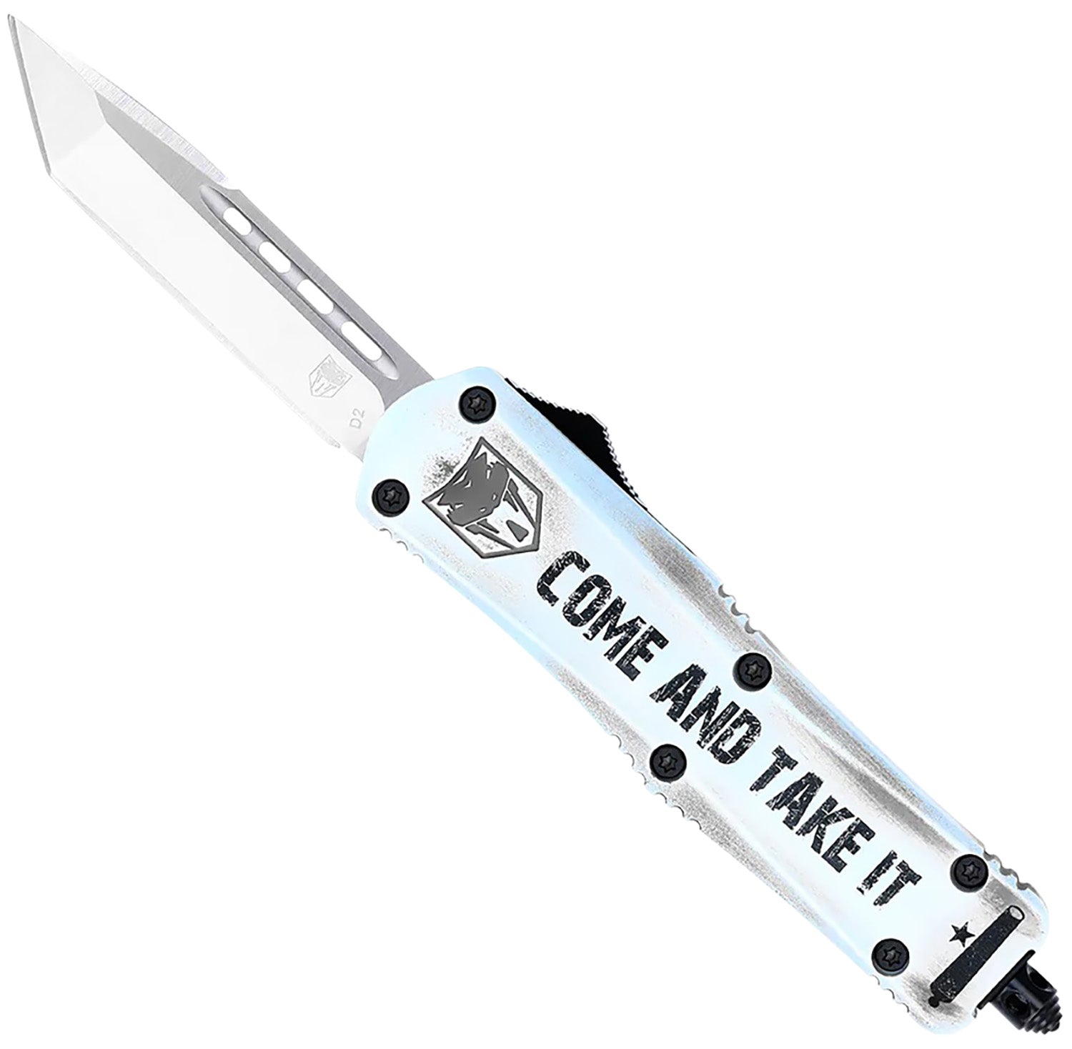 CobraTec FS-3 Come And Take It Small OTF Tanto Knife 3" Satin D2 Steel Blade White Cerakoted Aluminum Handle