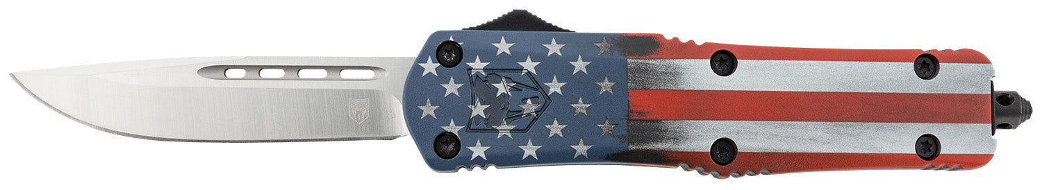 CobraTec FS-3 American Flag Medium OTF Drop Point Knife 3" Satin D2 Steel Blade US Flag Cerakoted Aluminum Handle