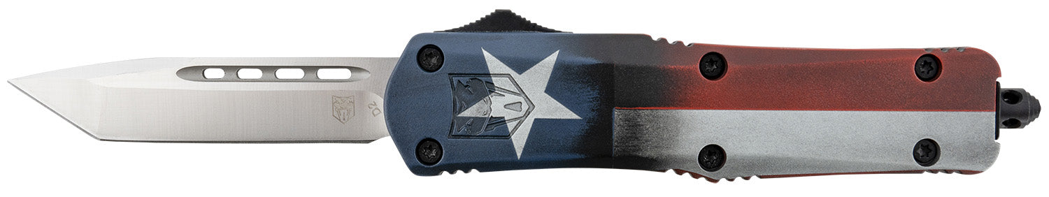 CobraTec FS-3 Texas Flag Medium OTF Tanto Knife 3" Satin D2 Steel Blade Texas Flag Cerakoted Aluminum Handle