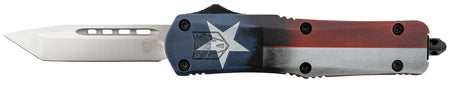 CobraTec FS-3 Texas Flag Medium OTF Tanto Knife 3" Satin D2 Steel Blade Texas Flag Cerakoted Aluminum Handle