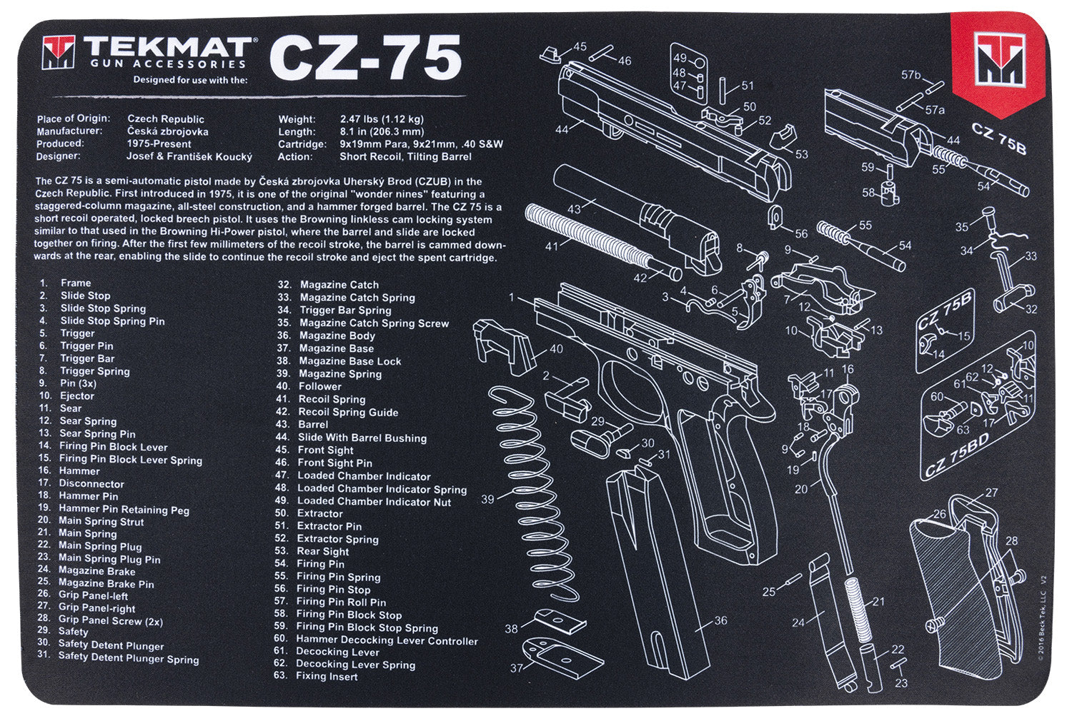 TekMat CZ 75 Gun Cleaning Mat 11"x17" Black/White Rubber with Parts Diagram