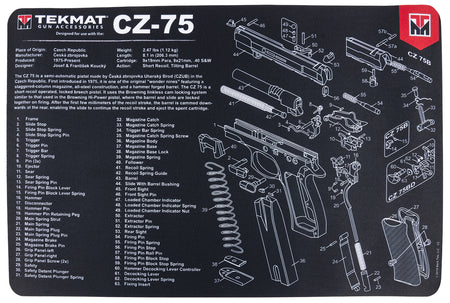 TekMat CZ 75 Gun Cleaning Mat 11"x17" Black/White Rubber with Parts Diagram