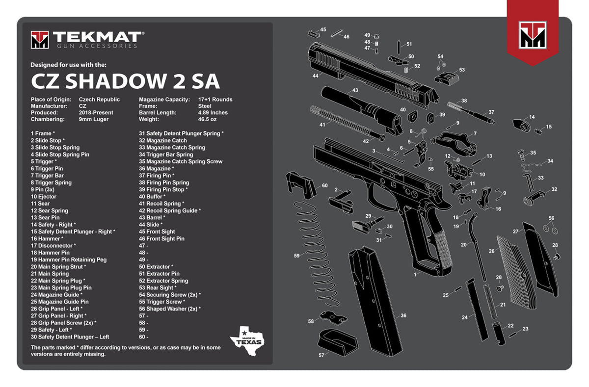 TekMat CZ Shadow 2 SA Gun Cleaning Mat 11"x17" Black/White Rubber with Parts Diagram