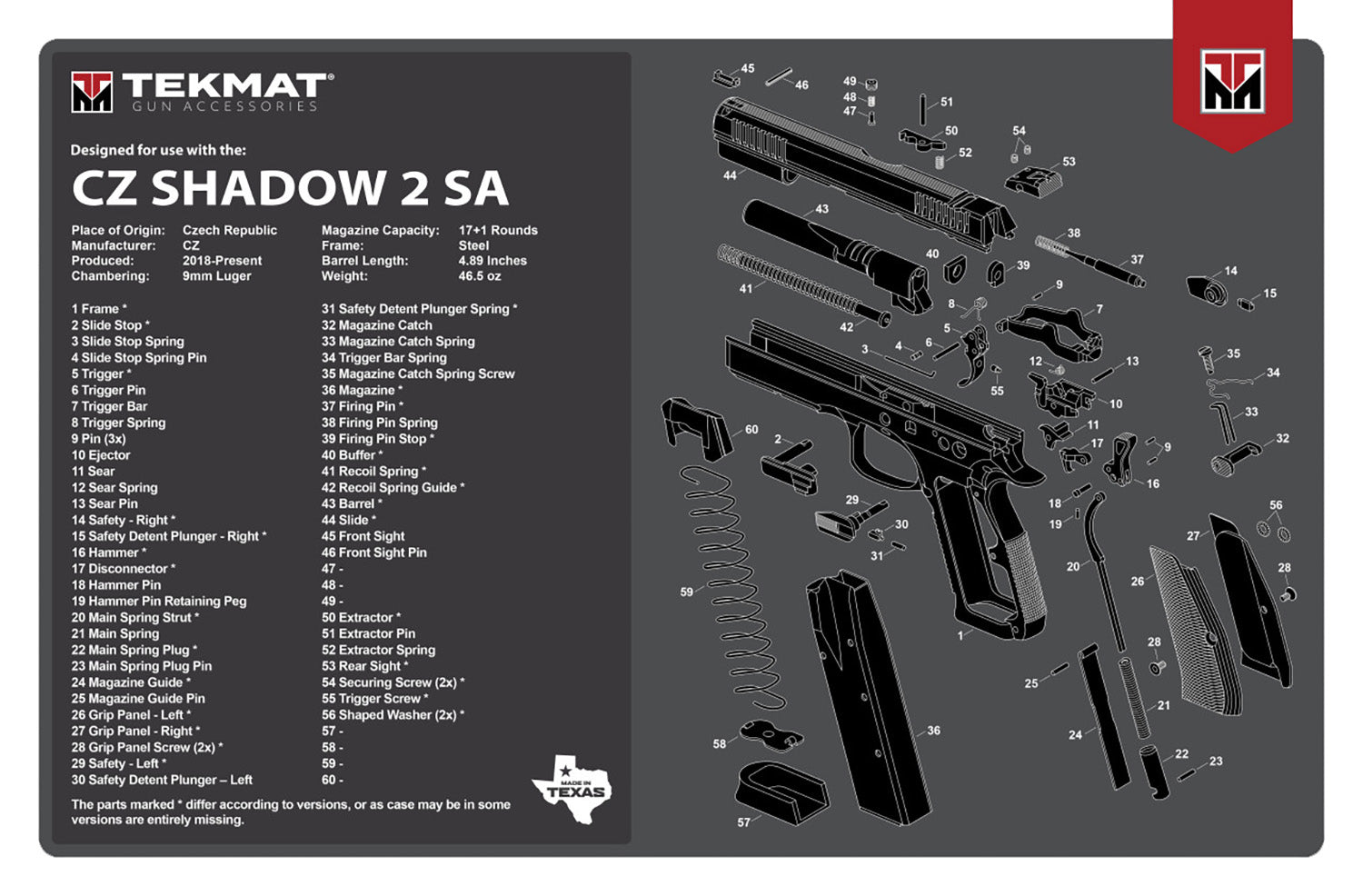 TekMat CZ Shadow 2 SA Gun Cleaning Mat 11"x17" Black/White Rubber with Parts Diagram
