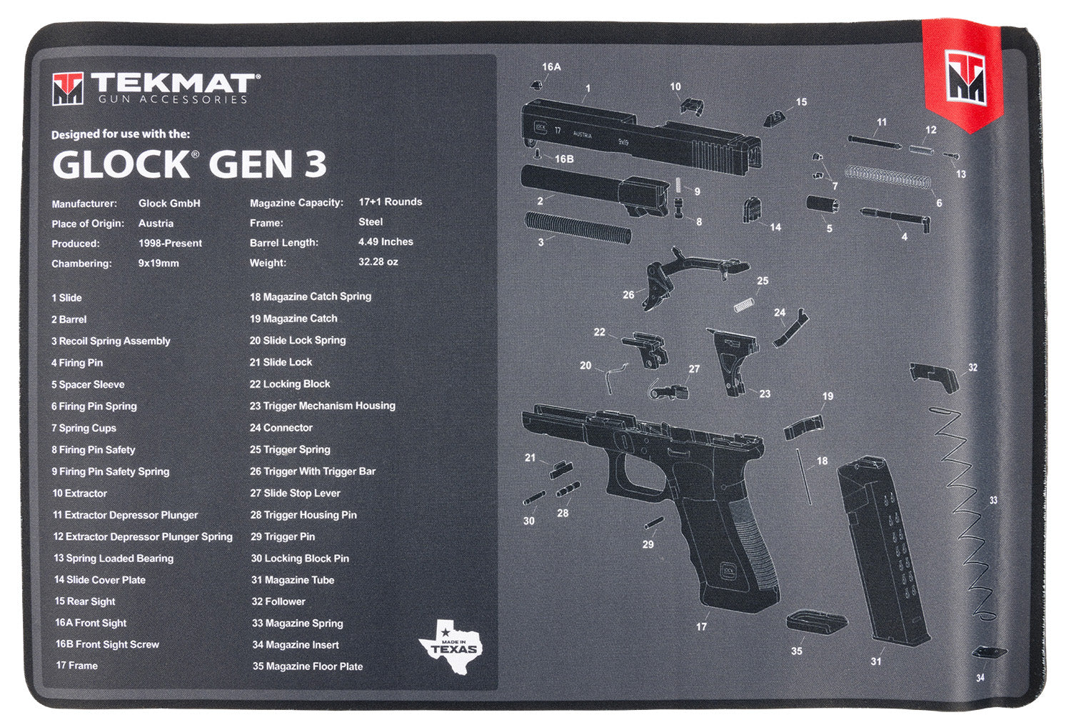 TekMat Glock Gen 3 Gun Cleaning Mat 11"x17" Black/White Rubber with Parts Diagram