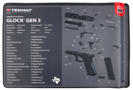 TekMat Glock Gen 3 Gun Cleaning Mat 11"x17" Black/White Rubber with Parts Diagram