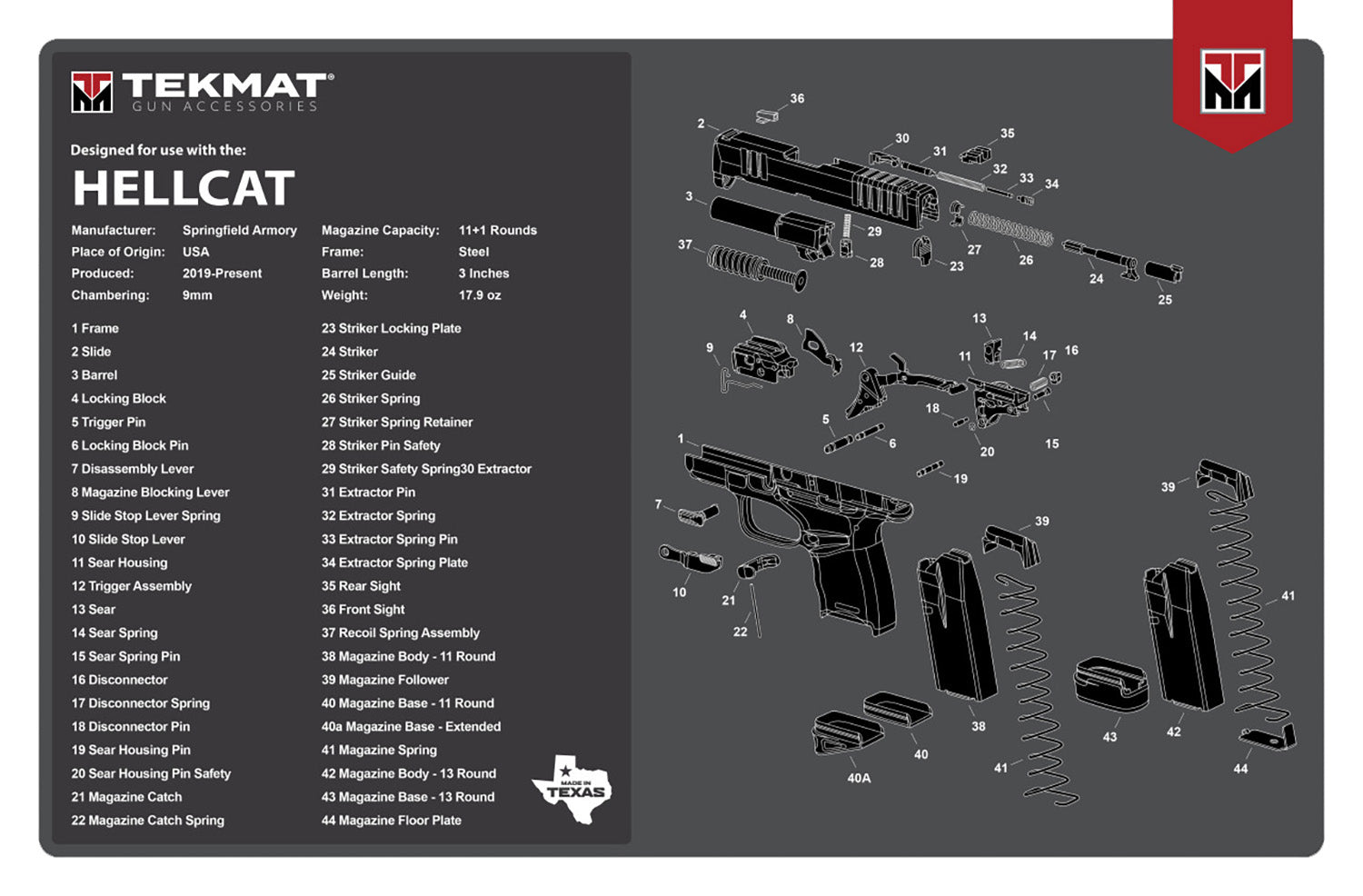TekMat Springfield Armory Hellcat Gun Cleaning Mat 11"x17" Gray/White Rubber with Parts Diagram