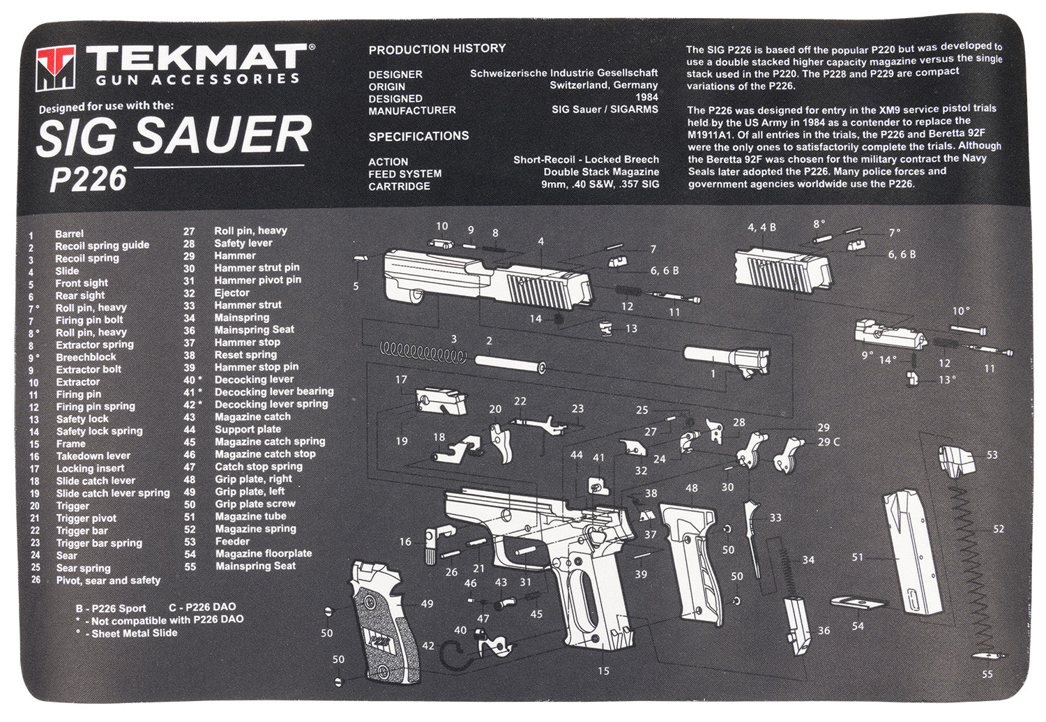 TekMat Sig Sauer P226 Gun Cleaning Mat 11"x17" Gray/White Rubber with Parts Diagram