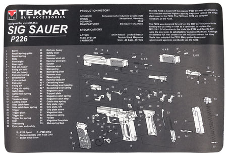 TekMat Sig Sauer P226 Gun Cleaning Mat 11"x17" Gray/White Rubber with Parts Diagram
