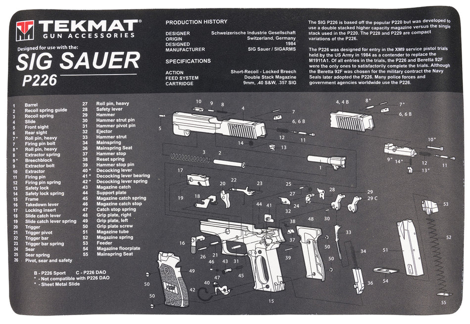TekMat Sig Sauer P226 Gun Cleaning Mat 11"x17" Gray/White Rubber with Parts Diagram