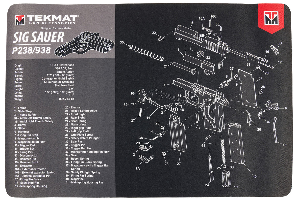 TekMat Sig Sauer P238 Gun Cleaning Mat 11"x17" Black/Gray Rubber with Parts Diagram