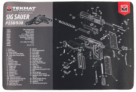 TekMat Sig Sauer P238 Gun Cleaning Mat 11"x17" Black/Gray Rubber with Parts Diagram