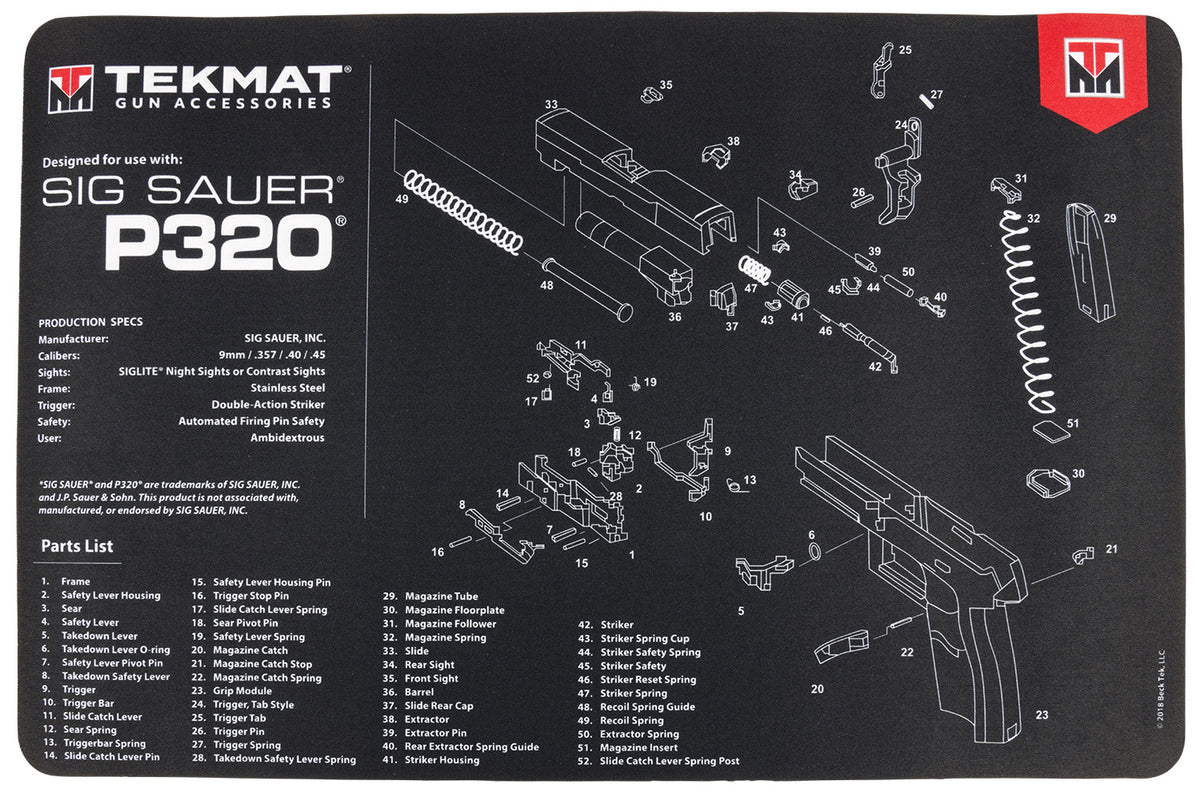 TekMat Sig Sauer P320 Gun Cleaning Mat 11"x17" Black/White Rubber with Parts Diagram