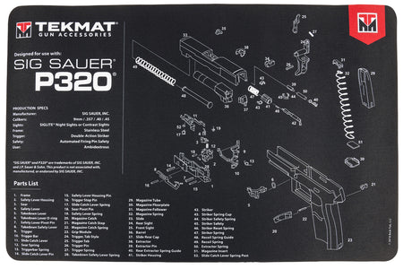 TekMat Sig Sauer P320 Gun Cleaning Mat 11"x17" Black/White Rubber with Parts Diagram