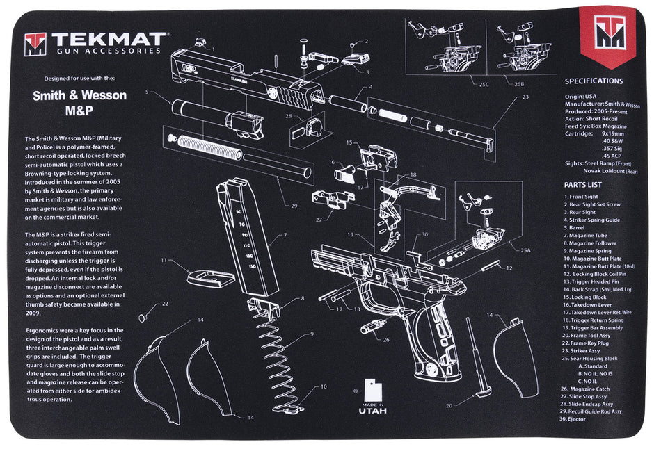 TekMat S&W M&P Gun Cleaning Mat Black/Gray Rubber 11"x17" with Parts Diagram