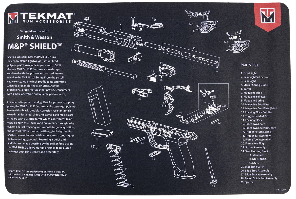 TekMat M&P Shield Gun Cleaning Mat Black/Gray Rubber 11"x17" with Parts Diagram