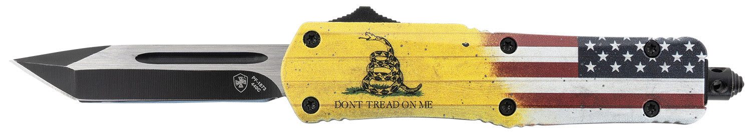 Templar Knife S-DTOM-23-1 Gen II Don't Tread On Me Small 2.69" OTF 440C SS Blade, 4.25" Yellow DTOM Flag Aluminum Handle with Glass Breaker