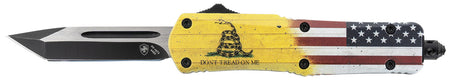 Templar Knife S-DTOM-23-1 Gen II Don't Tread On Me Small 2.69" OTF 440C SS Blade, 4.25" Yellow DTOM Flag Aluminum Handle with Glass Breaker