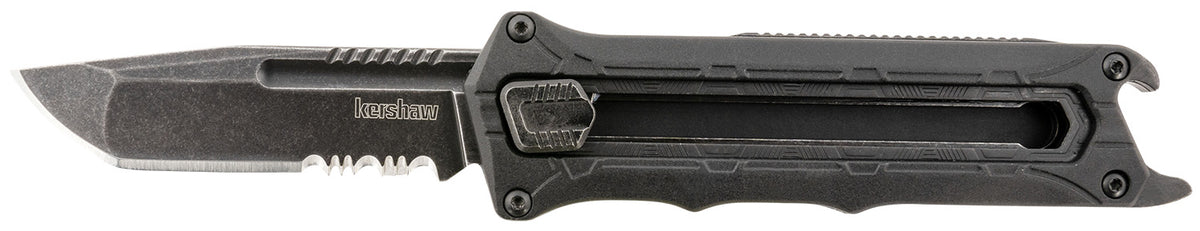 Kershaw 1195 Interstellar 2.70" OTF Tanto Part Serrated Black Oxide Blackwash 8Cr13MoV Blade, Black Textured Nylon Handle with Bottle Opener, Pocket Clip Included
