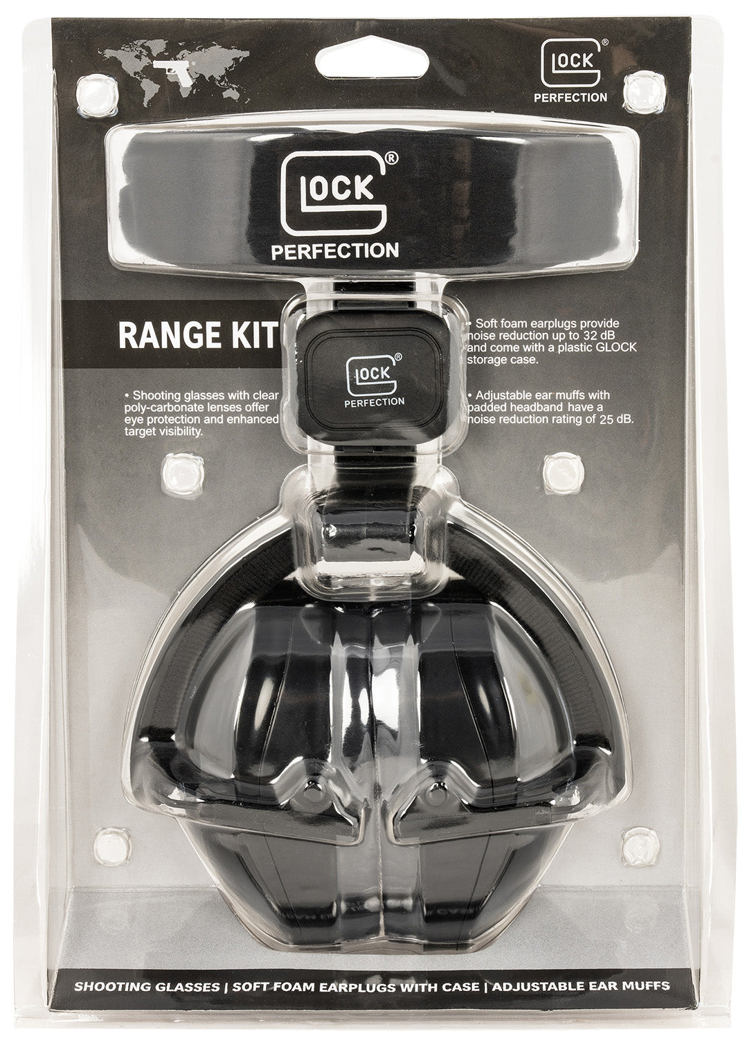 Glock AP60220 Range Kit 25 dB Earmuff, Clear Safety Glasses, 32 dB Foam Ear Plugs with Cloth Pouch