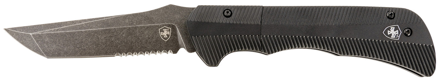 Templar Knife AAABK521 Auto Assist 3.50" Folding Tanto Part Serrated Black Oxide D2 Steel Blade, 4.25" Aged Aluminum Handle