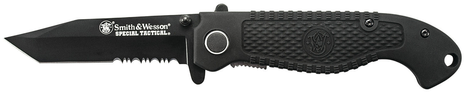 Smith & Wesson Special Tactical Folding Knife 3.50" Part Serrated Stainless Steel Blade, 4.60" Black Handle