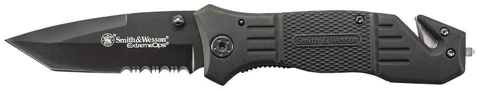 Smith & Wesson SWFR2SCP Extreme Ops 3.30" Folding Tanto Part Serrated Stainless Steel Blade 4.70" Black with Pocket Clip
