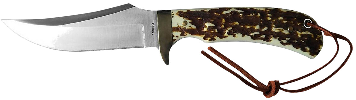 Uncle Henry Next Gen Staglon 4.25" Skinner Fixed Blade Satin Stainless Steel, Brass Finger Guard, Includes Sheath
