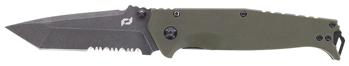 Schrade Melee 3.50" Folding Tanto Part Serrated Dark Stonewash D2 Steel Blade OD Green G10/SS Handle