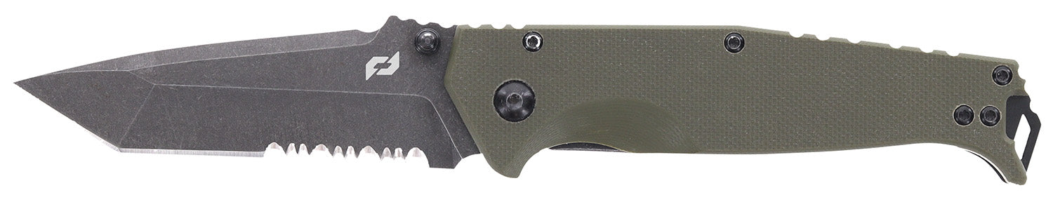 Schrade Melee 3.50" Folding Tanto Part Serrated Dark Stonewash D2 Steel Blade OD Green G10/SS Handle