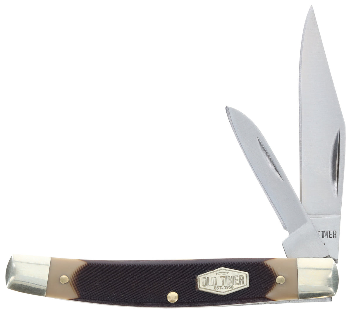 Old Timer 1179231 Middleman Jack Folding 2.50"/1.70" Clip/Sheepsfoot SS Blade Black/Tan Sawcut Bone Handle