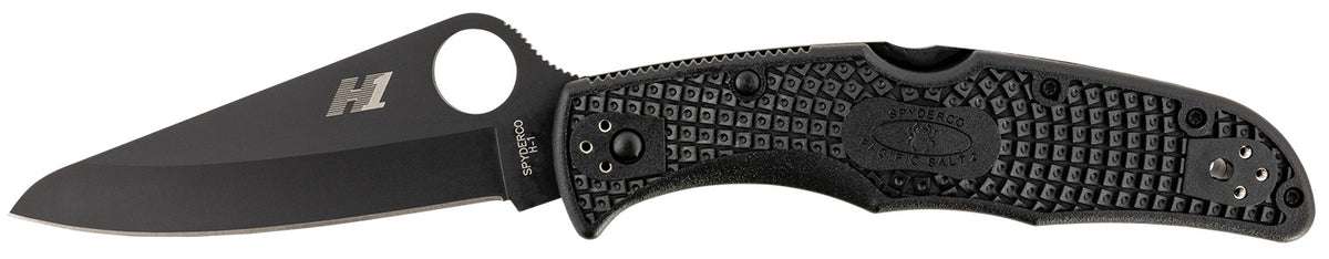 Spyderco Pacific Salt 2 Folding Knife 3.78" H2 Steel Plain Drop Point Black Coated Blade Black FRN Handle C91PBBK2