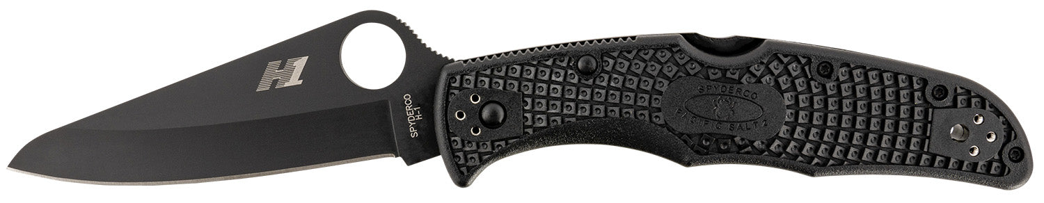Spyderco Pacific Salt 2 Folding Knife 3.78" H2 Steel Plain Drop Point Black Coated Blade Black FRN Handle C91PBBK2