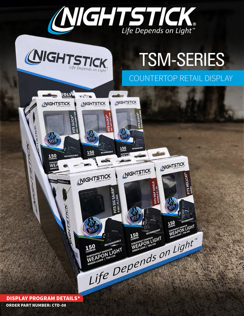 Nightstick CTD08 Counter Display with 12 TSM Tactical Weapon Lights with Green Laser