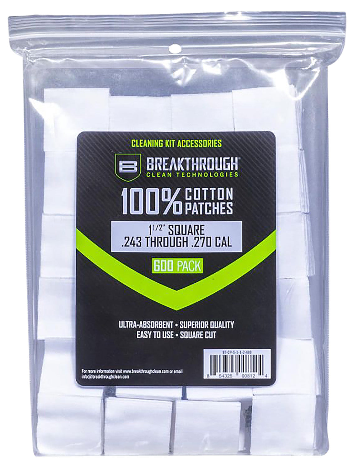 Breakthrough Clean BTCPS112600 Cotton Square Patches 243/270 Cal 600 Pack