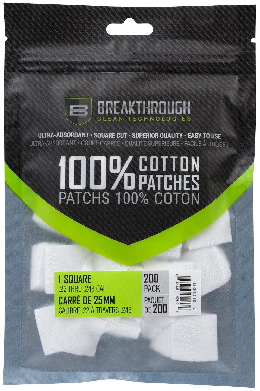 Breakthrough Clean BTCPS1200 Cotton Square Patches .22-243 Cal 200 Pack