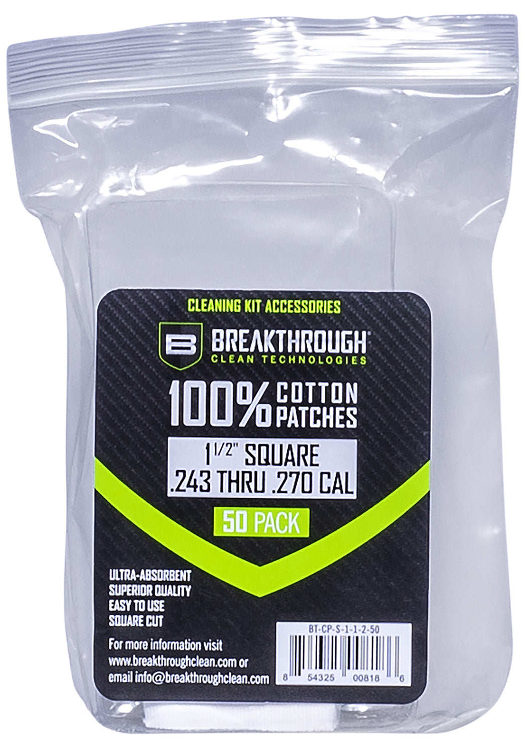 Breakthrough Clean BTCPS11250 Cotton Square Patches 243/270 Cal 1.5" 50 Pack