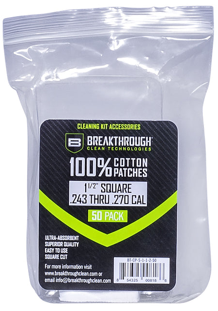 Breakthrough Clean BTCPS11250 Cotton Square Patches 243/270 Cal 1.5" 50 Pack
