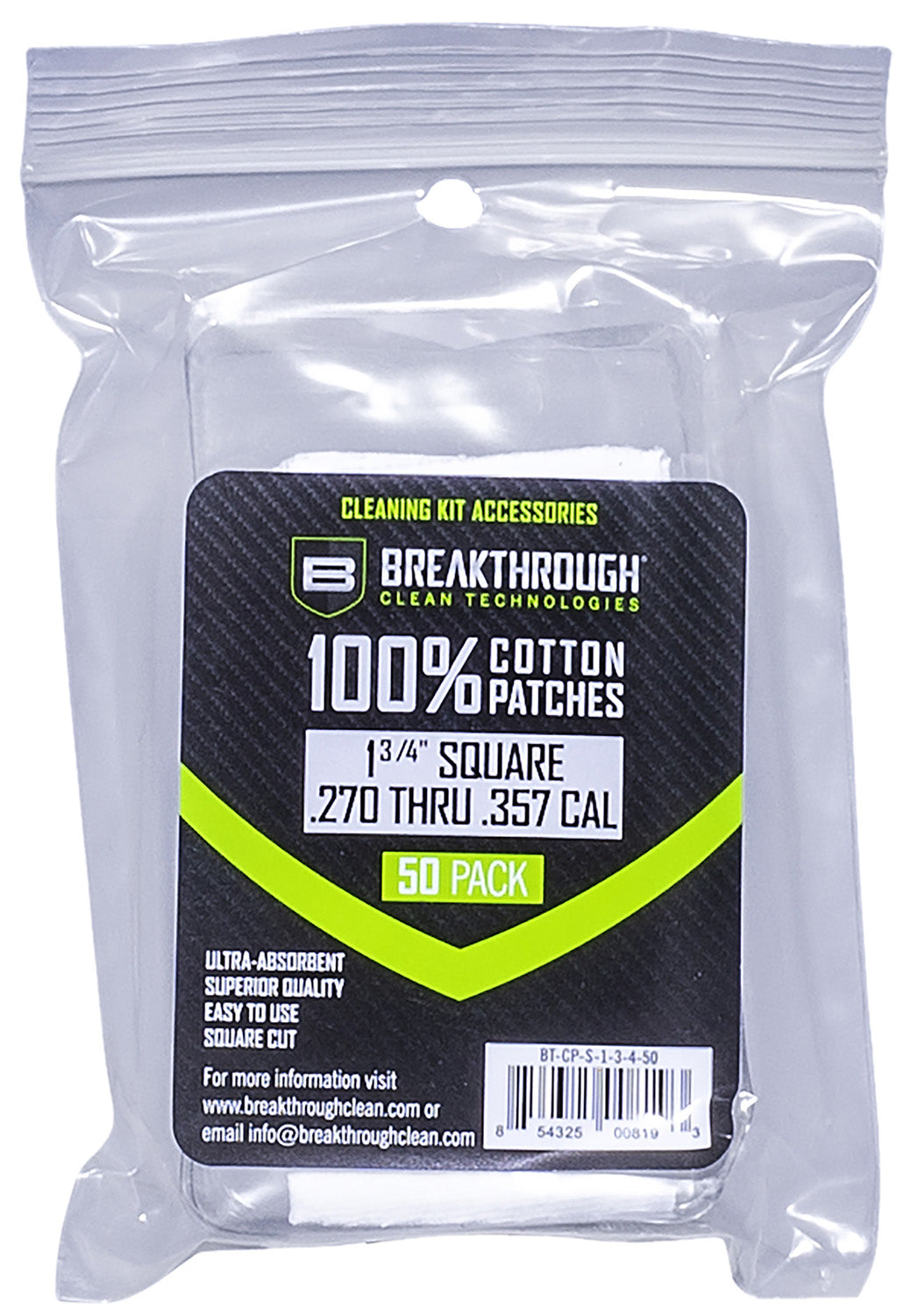 Breakthrough Clean BTCPS13450 Cotton Square Patches 270/357 Cal 1.75" 50 Pack